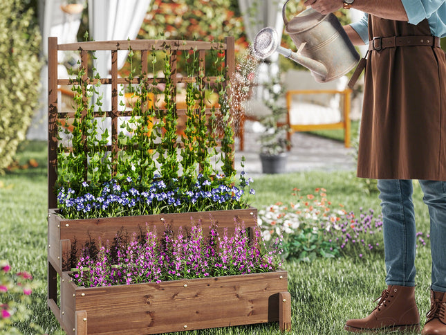Raised Bed w/ Trellis 2-tier Wood Planter Box w/ Drainage Holes-Rustic Brown