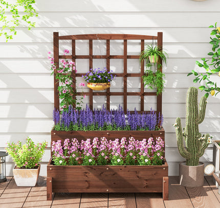 Raised Garden Bed with Trellis 2-tier Wood Planter Box with Drainage Holes-Rustic Brown