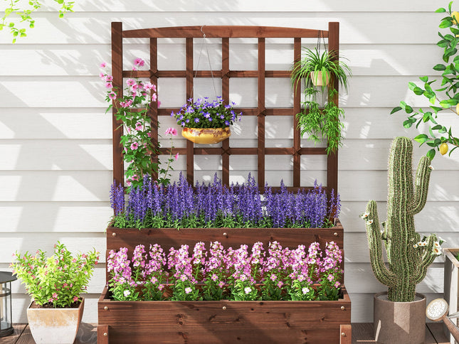Raised Garden Bed with Trellis 2-tier Wood Planter Box with Drainage Holes-Rustic Brown