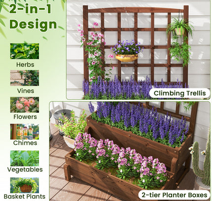 Raised Garden Bed with Trellis 2-tier Wood Planter Box with Drainage Holes-Rustic Brown