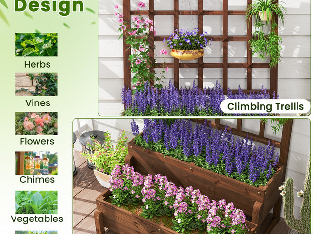Raised Garden Bed with Trellis 2-tier Wood Planter Box with Drainage Holes-Rustic Brown