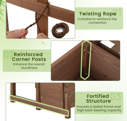 Raised Garden Bed with Trellis 2-tier Wood Planter Box with Drainage Holes-Rustic Brown