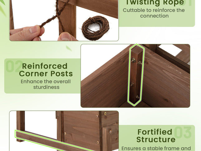 Raised Garden Bed with Trellis 2-tier Wood Planter Box with Drainage Holes-Rustic Brown