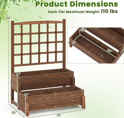 Raised Garden Bed with Trellis 2-tier Wood Planter Box with Drainage Holes-Rustic Brown