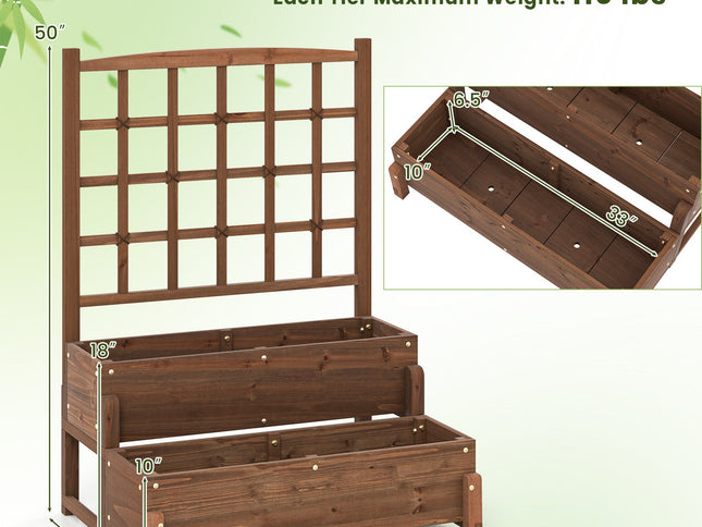 Raised Garden Bed with Trellis 2-tier Wood Planter Box with Drainage Holes-Rustic Brown