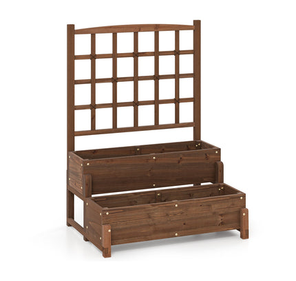 Raised Bed w/ Trellis 2-tier Wood Planter Box w/ Drainage Holes-Rustic Brown