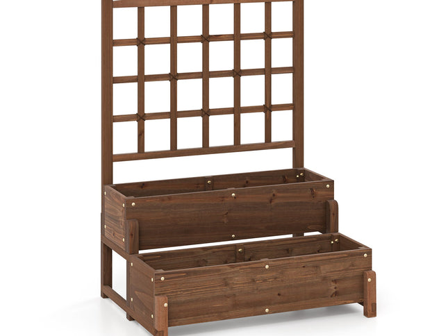 Raised Bed w/ Trellis 2-tier Wood Planter Box w/ Drainage Holes-Rustic Brown
