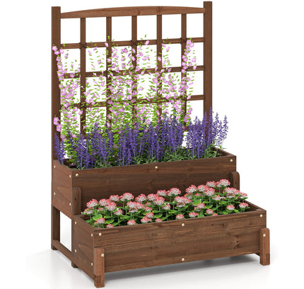 Raised Garden Bed with Trellis 2-tier Wood Planter Box with Drainage Holes-Rustic Brown