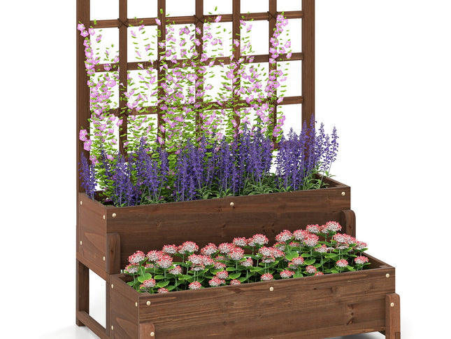Raised Garden Bed with Trellis 2-tier Wood Planter Box with Drainage Holes-Rustic Brown