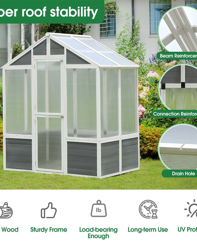 Outdoor Walk-In Polycarbonate Garden Greenhouse With Drain Holes, 4x6FT
