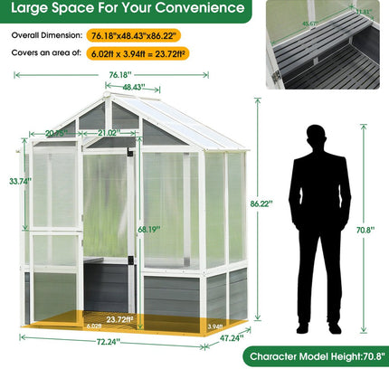 Outdoor Walk-In Polycarbonate Garden Greenhouse With Drain Holes, 4x6FT