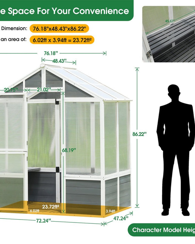Outdoor Walk-In Polycarbonate Garden Greenhouse With Drain Holes, 4x6FT