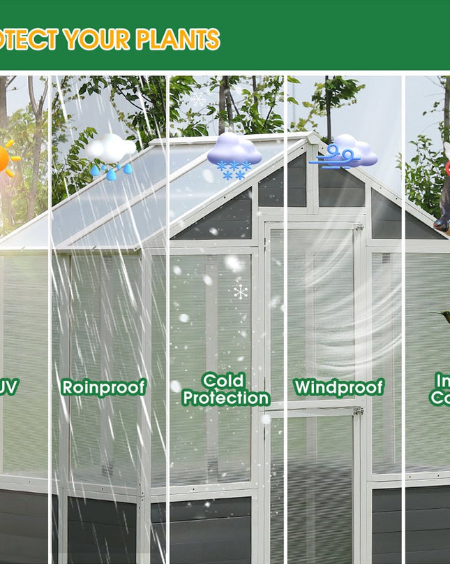 Outdoor Walk-In Polycarbonate Garden Greenhouse With Drain Holes, 4x6FT