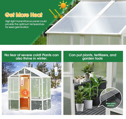Outdoor Walk-In Polycarbonate Garden Greenhouse With Drain Holes, 4x6FT