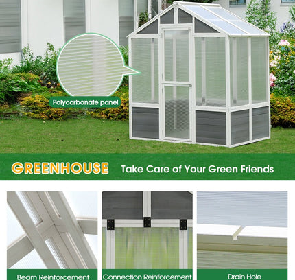 Outdoor Walk-In Polycarbonate Garden Greenhouse With Drain Holes, 4x6FT