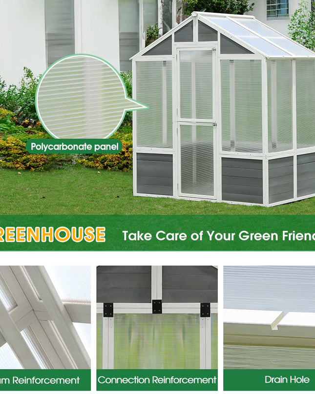 Outdoor Walk-In Polycarbonate Garden Greenhouse With Drain Holes, 4x6FT
