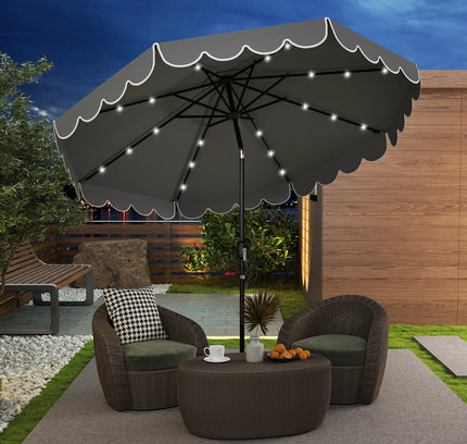 9.3 Ft Solar Patio Umbrella with 24 LED Lights Vented Top and Ruffles-Beige
