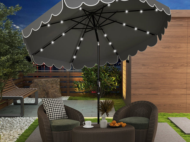 9.3 Ft Solar Patio Umbrella with 24 LED Lights Vented Top and Ruffles-Beige