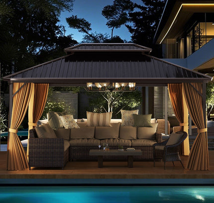 16x12 Feet Hardtop Gazebo Aluminum Frame Pavilion w/ Curtains and Netting-Coffee
