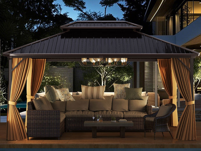 16x12 Feet Hardtop Gazebo Aluminum Frame Pavilion w/ Curtains and Netting-Coffee