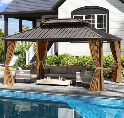 16 x 12 Feet Hardtop Gazebo Aluminum Frame Permanent Pavilion with Curtains and Netting-Coffee
