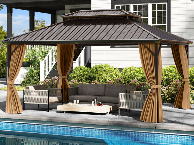 16 x 12 Feet Hardtop Gazebo Aluminum Frame Permanent Pavilion with Curtains and Netting-Coffee