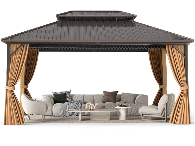16 x 12 Feet Hardtop Gazebo Aluminum Frame Permanent Pavilion with Curtains and Netting-Coffee