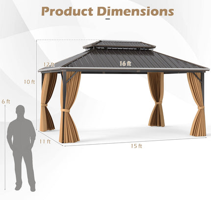 16 x 12 Feet Hardtop Gazebo Aluminum Frame Permanent Pavilion with Curtains and Netting-Coffee