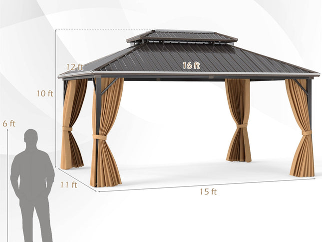16 x 12 Feet Hardtop Gazebo Aluminum Frame Permanent Pavilion with Curtains and Netting-Coffee
