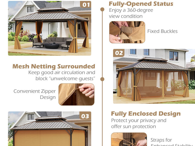 16 x 12 Feet Hardtop Gazebo Aluminum Frame Permanent Pavilion with Curtains and Netting-Coffee