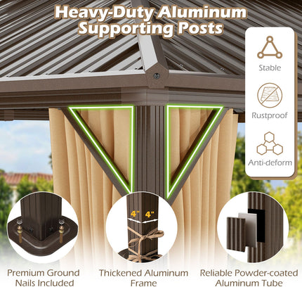 16 x 12 Feet Hardtop Gazebo Aluminum Frame Permanent Pavilion with Curtains and Netting-Coffee