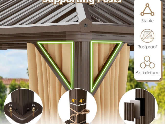 16 x 12 Feet Hardtop Gazebo Aluminum Frame Permanent Pavilion with Curtains and Netting-Coffee