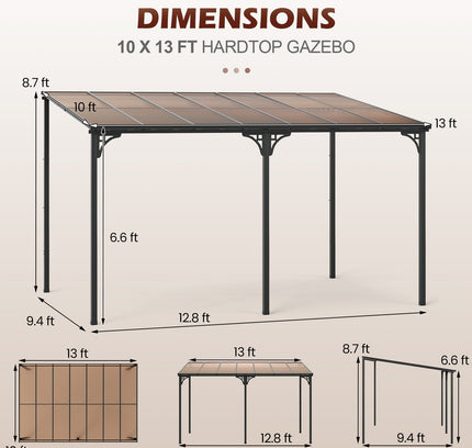 Wall-Mounted Patio Gazebo Large Outdoor Hardtop Pergola with Sloped Polycarbonate Roof-Black