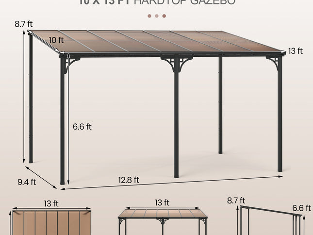 Wall-Mounted Patio Gazebo Large Outdoor Hardtop Pergola with Sloped Polycarbonate Roof-Black